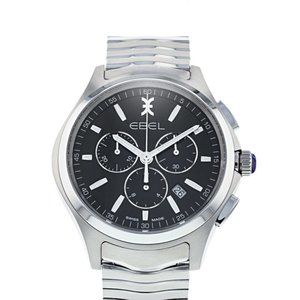 NEW! EBEL Watch Men WAVE 42mm Silver Index Black Dial SWISS Chrono Quartz Watch